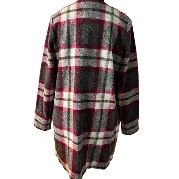 Max Studio Gray Fuchsia White Wool Blend Plaid Blanket Coat with Pockets L - Picture 5 of 12